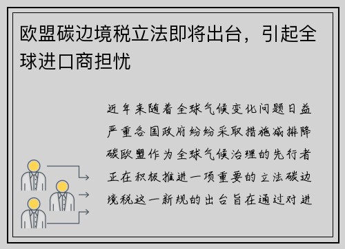 欧盟碳边境税立法即将出台，引起全球进口商担忧